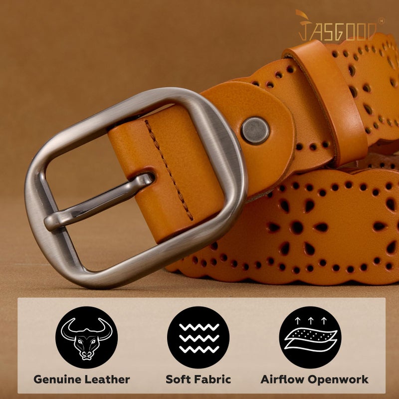 JASGOOD Women's Hollow Flower Genuine Leather Belt for Jeans Pants Wide Belt for Ladies - Image 4